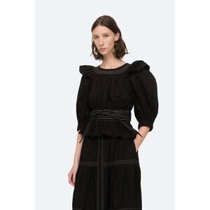 Sea NY Women's Black Cotton Ruffle Puff Sleeve Belted Blouse Romantic | M